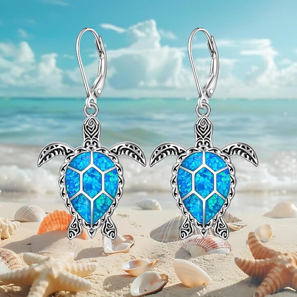 Sterling Silver Turtle Earrings Blue Opal Dangle Ocean Jewelry for Women - Picture 7 of 9